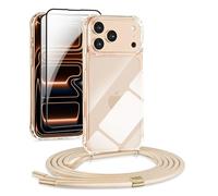 DiDaDi Chaîne de téléphone portable 5 en 1 pour iPhone 17 Pro - Coque de protection avec bande transparente - Amovible - Avec cordon - 2 films en verre blindé et objectif de l'appareil photo - Doré
