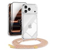 DiDaDi Chaîne de téléphone portable 5 en 1 pour iPhone 17 Pro - Coque de protection avec bande transparente - Amovible - Avec cordon - 2 films en verre blindé et objectif de l'appareil photo