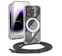 DiDaDi Coque Magnétique avec Cordon pour iPhone 13 Pro, Compatible avec MagSafe, Transparente Coque Antichoc Téléphone Étui Portable Lanyard Case avec Verre trempé, Protecteur de caméra