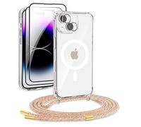 DiDaDi Coque Magnétique avec Cordon pour iPhone 14 Compatible avec Magnet, Transparente Coque Antichoc Téléphone Étui Portable Lanyard Case avec Verre trempé, Protecteur de caméra