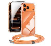 DiDaDi Ensemble 5 en 1 Chaîne de téléphone portable pour iPhone 17 Pro Max avec bande - Housse transparente amovible avec cordon, 2X verre trempé & film pour objectif de caméra (Orange)