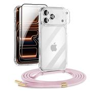 DiDaDi Ensemble 5 en 1 de chaîne pour téléphone portable pour iPhone 17 Pro Max avec bande - Étui de protection transparent amovible avec cordon, 2X verre trempé & film pour objectif de caméra (Or