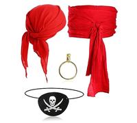 Didaey Lot de 5 accessoires de costume de capitaine pirate avec cache-œil de pirate - Grande écharpe, bandeau, collier, boucles d'oreilles pour homme et femme, Rouge, taille unique