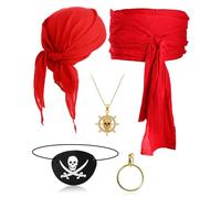 Didaey Lot de 5 accessoires de costume de capitaine pirate avec cache-œil de pirate - Grande écharpe, bandeau, collier, boucles d'oreilles pour homme et femme, Rouge, taille unique