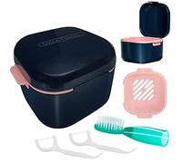 DIDATOOL Cadeau Femme, Boîte à Dentier, Etui pour Dentier avec Couvercle, Étui pour Prothèses Dentaires avec Panier de Rinçage Amovible et Brosse à Dents au Doigt (Bleu nuit)