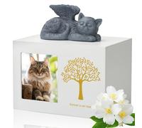 DiDiBirDi Boîte de crémation pour animaux de compagnie - Urne blanche en bois - Avec statue d'ange de chat en résine et sac