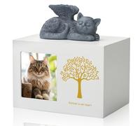 DiDiBirDi Urne pour cendres de chat, urne en bois blanc pour cendres, boîte à souvenirs pour chat, cendres de chat, souvenir avec statue d'ange chat en résine et sac à cendres
