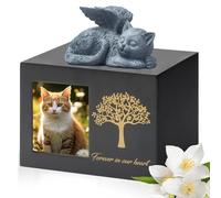 DiDiBirDi Urnes pour chat - Boîte de crémation en bois - Urne noire avec statue de chat en résine et pochette en velours