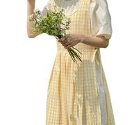 DIDILLX Tablier vintage à carreaux pour femme pour cuisine, pâtisserie, jardinage, fleuriste, robe fendue sur le côté, Jaune et W, as pics show