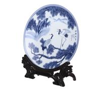 Didiseaon Céramique Assiette Décorative avec Support Bleue et Blanche | Objet Rond Créatif, Finition Lisse et Sûre, Facile à Nettoyer, pour Maison et Présent, Accessoire Bois