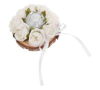 Didiseaon Coussin D’alliances Rond Rustique avec Base en Bois et Fleurs en Soie Éternelles, Accessoire de Cérémonie Mariage pour Demoiselle D’Honneur, Plateau Bagues Décoratif pour