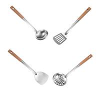 Didiseaon Ensemble de 4 Ustensiles Cuisine en Acier Inoxydable Manches en Bois - Louche Spatule Spatule Ajourée Cuillère à Égoutter - Kit Polyvalent pour Wok Cuisson Service et