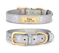 Didog Collier Chien à Paillettes, Collier personnalisé en Cuir PU Paillettes Scintillantes, Collier Chien avec Plaque gravée pour Chiens et Chats de Petite et Moyenne Taille, argenté, Taille L