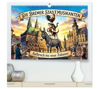 Die Bremer Stadtmusikanten - Aufbruch ins neue Zuhause (hochwertiger Premium Wandkalender 2027 DIN A2 quer), Kunstdruck in Hochglanz: Eine kunstvoll ... Stadtmusikanten im Wandel der Jahreszeiten.
