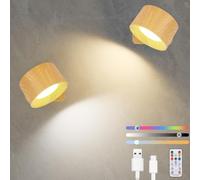 Diealles Shine Applique Murale Interieur 2pcs,USB-C Lampe Murale Sans Fil, Lampe de Chevet Murale Intensité Variable, Rotative à 360°, Commande Tactile et Télécommande, 19 RGB Couleurs (Couleur Bois)