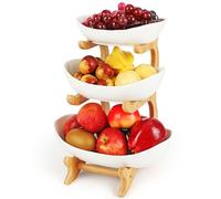 Diealles Shine Corbeille a Fruit 3 Etages en Céramique, Panier Fruit Domestique Stable et Non Tremblante, Panier de Fruits et Legumes avec support en bois résistant pour la décoration de cuisine