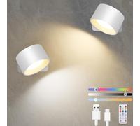 Diealles Shine Lot de 2 Applique Murale Interieur,USB-C Lampe Murale Sans Fil, Lampe de Chevet Murale Intensité Variable, Rotative à 360°, Commande Tactile et Télécommande, 19 RGB Couleurs (Blanc)