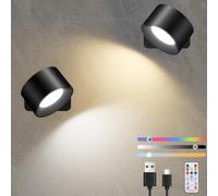 Diealles Shine Lot de 2 Applique Murale Interieur,USB-C Lampe Murale Sans Fil, Lampe de Chevet Murale Intensité Variable, Rotative à 360°, Commande Tactile et Télécommande, 19 RGB Couleurs (Noir)