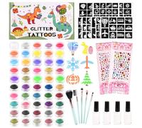 Diealles Shine Tatouage Paillette Enfant, 50 Couleurs de Tatouage Enfant Fille, 3 Grands + 6 Petits Autocollants de Tatouage, 5 Pinceaux, 4 Colles, 2 Autocollants Pailletés, pour Fête d’Anniversaire