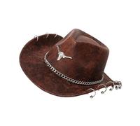 DIEKE Chapeau élégant unisexe à large bord PU imprimé ethnique à la mode parfait pour les événements en plein air, les fêtes costumées, les voyages, chapeau de cowgirls occidentales, marron foncé