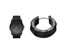 Diesel Homme Double Down S44 Noir Silicone Montre and Acier Inoxydable Boucle d'oreille, Coffret