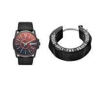 Diesel Homme Master Chief Noir Cuir Montre and Acier Inoxydable Boucles d'oreilles, Coffret