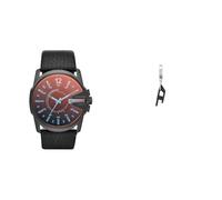 Diesel Homme Master Chief Noir Cuir Montre and Acier Inoxydable Boucles d'oreilles, Coffret