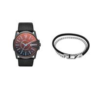 Diesel Homme Master Chief Noir Cuir Montre and Argenté Acier Inoxydable Bracelet, Coffret