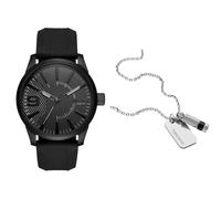 Diesel Homme Rasp Noir Silicone Montre and Argenté Acier Inoxydable Collier, Coffret