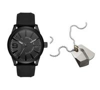 Diesel Homme Rasp Noir Silicone Montre and Argenté Acier Inoxydable Collier, Coffret