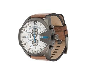 DIESEL Mega Chief DZ4280 - Mouvement Quartz - Affichage Analogique - Bracelet Cuir marron et Cadran Blanc - Homme