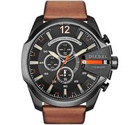 Diesel Montre pour homme Mega Chief, mouvement chronographe, boîtier en acier inoxydable noir de 51 mm avec bracelet en cuir, DZ4343