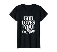 Dieu t'aime, j'essaie T-Shirt Graphique avec Valeur, Femme, Noir, M
