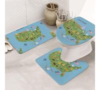 DIEzig Ensemble de tapis de salle de bain en flanelle antidérapant avec motif carte des États-Unis avec icônes, comprend trois formes