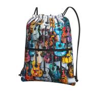 DIEzig Sac à dos à bandoulière réglable avec imprimé de guitares acoustiques et colorées, sac pliable avec cordon de serrage avec fermeture éclair pour w nd aventure