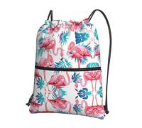 DIEzig Sac à dos pliable avec cordon de serrage et fermeture éclair - Motif flamant rose et feuilles vertes
