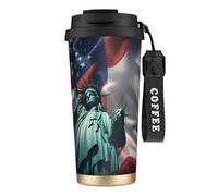 DIEzig Tasse à café en acier inoxydable avec drapeau de la Statue de la Liberté, gobelet à café isotherme avec couvercle à rabat pour la maison, le bureau, les voyages