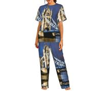 DIEzig Tower Bridge in London Ensemble de pyjama 2 pièces pour femme, haut à manches courtes et pantalon long, pyjama doux, tailles S à 3XL, Noir , XXL