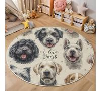 Différentes Races De Chiens Tapis Rond 100cm, Portraits D'Animaux À L'Aquarelle Tapis De Sol Décoration Doux Antidérapant Pour Chambre à Coucher Balcon Errasse Salle à Manger Intérieur, Couleur Crème