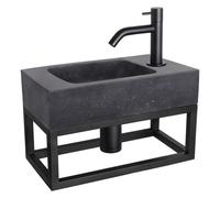 Differnz Bombai kit lave-mains - 40x22x9cm - Rectangulaire - 1 trou de robinet - Robinet noir mat incurvé - avec cadre noir - Pierre naturelle noire 38.401.44