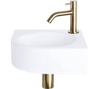 Differnz Cleo lavabo à poser 30x30x10 cm - lavabo salle de bain céramique blanc - avec robinet salle de bain en or mat - lavabo avec robinetterie courbée pour WC invités