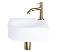 Differnz Cleo Lavabo - Lave main Céramique Blanche Brillante - Robinet Courbé Or Mat - Ensemble Complet - 30 x 30 x 10 cm