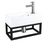 Differnz Force kit lave-mains - 40x22x11.5cm - Rectangulaire - 1 trou de robinet - Robinet droit en chrome mat - avec cadre noir - Céramique blanche 38.401.59