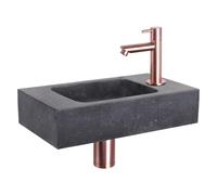 Differnz Force kit lave-mains - 40x22x9cm - Rectangulaire - 1 trou de robinet - Robinet en cuivre rose droit - Pierre naturelle noire 38.400.44