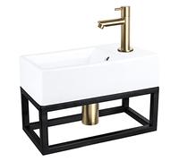 Differnz Force Lavabo avec porte-serviettes, en céramique, blanc, robinet droit, or mat, kit complet, 40 x 22 x 11,5 cm