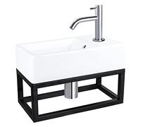 Differnz Force kit lave-mains - 40x22x11.5cm - Rectangulaire - 1 trou de robinet - Robinet chromé courbé - avec cadre noir - Céramique blanche 38.401.61