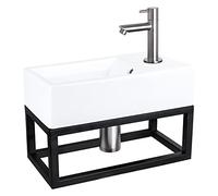 Differnz Force Lavabo avec porte-serviettes - Lavabo en céramique blanc - Robinet droit chromé mat - Kit complet - 40 x 22 x 11,5 cm