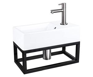 Differnz Force Lavabo avec porte-serviettes - Lavabo en céramique blanc - Robinet droit chromé mat - Kit complet - 40 x 22 x 11,5 cm