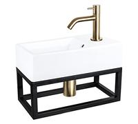 Differnz Force Lavabo avec porte-serviettes - Lavabo en céramique blanc - Robinet incurvé doré mat - Kit complet - 40 x 22 x 11,5 cm