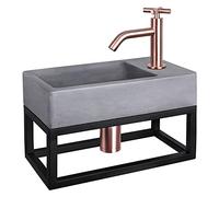 Differnz Force kit lave-mains - 40x22x8cm - Rectangulaire - 1 trou de robinet - Robinet en cuivre rose courbé - avec cadre noir - poignée croix - Gris béton 38.401.77